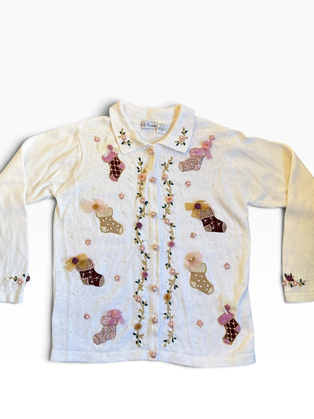 Vintage B.P. Design Embroidered Christmas Cardigan Sweater Women’s S White 90s